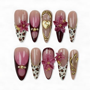 Leopard Print Press On Nails: Burgundy Gold 3D Floral False Nail Set