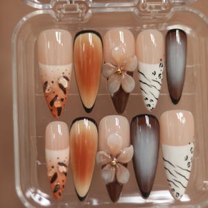 Leopard Zebra Ombre Press On Nails | 3D Flower & Chrome Tips Animal Y2K Nails