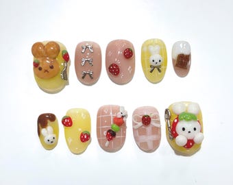 Uñas postizas de conejito kawaii con fresa: diseño de postres en 3D