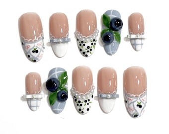 3D Blueberry Press On Nails: Cottagecore Stiletto Nail Art with Bows
