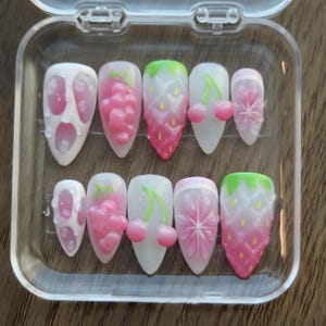 Kawaii Fruit Press On Nails | 3D Grape Strawberry Cherry Art | Sweet Cute Summer Fake Nails |Foodie Gel Nail Art