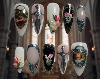 3D Schwert & Rose Drücken Sie auf die Nägel | Gothic Medaillon, Mittelalterliche Nagelkunst