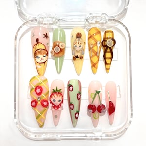 Kawaii 3D Breakfast Press On Nails: Strawberry, Banana & Cat Foodie Art