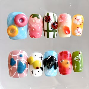 Summer Press On Nails | 3D Ladybug Fruit Cocktail Art | Vibrant Funky Pool Party Set | Reusable Nails - Gift for her
