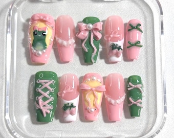 3D Frog Press On Nails: Matcha Green Coquette Cottagecore Strawberry Nails