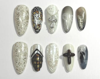 Gothic Cathedral Press On Nails | 3D Cross, Stained Glass Art