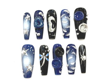 3D Cosmic Galaxy Press On Nails: Blauer Nachthimmel Nail Art