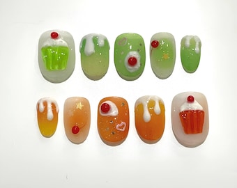 3D Ice Cream Drip Press On Nails: Kawaii Dessert Nail Art