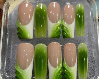 Matcha Ombre Press On Nails: 3D Green Swirl French Tip, Handmade