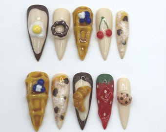 Breakfast Dessert Press On Nails | 3D Waffle Strawberry & Cookie Nail Art | Foodie Y2K Set
