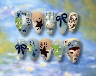 3D Miffy Bunny Press On Nails | Plaid & Music Art, Handmade
