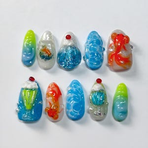 3D Aquarium Press On Nails: Goldfish, Jellyfish & Water Effect