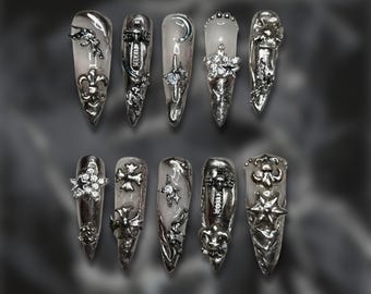 Cyberpunk Chrome Press On Nails | 3D Gothic Cross & Star Nail Art