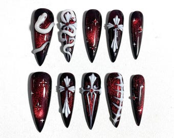 Vampire Gothic Press On Nails: 3D Snake & Cross Nail Art