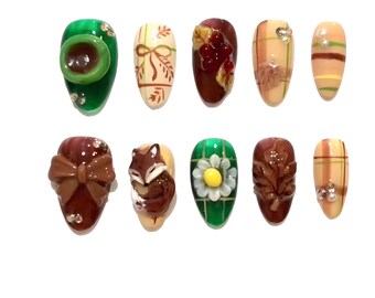 3D Fox Press On Nails: Ręcznie robione zdobienia paznokci w kratkę z jesiennym motywem kawy