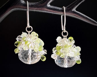 Sterling Silver Crystal Earrings | Peridot Earrings | Prehnite Earrings | White Topaz Earrings | Luxury Green Gemstone Cluster Earrings