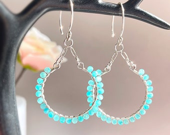 Amazonite Hoop Earrings in Sterling Silver | Gemstone Hoops | Boho Style Earrings | Amazonite Earrings | Gemstone Dangle Hoop Earrings