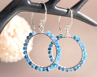 Kyanite Hoop Earrings in Sterling Silver | Blue Gemstone Hoop Earrings | Boho Style Gemstone Earrings | Kyanite Dangle Hoops | Beaded Hoops