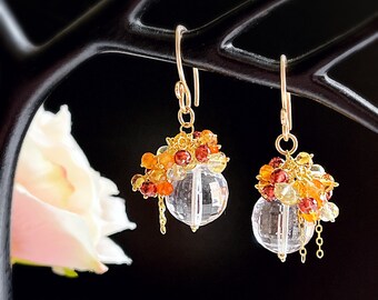 Multi Gemstone Cluster Earrings in Gold Fill | Garnet, Carnelian, Citrine, Lemon Quartz & Crystal Quartz Drop Earrings | Rock Crystal