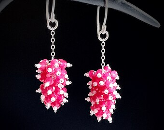 Boucles d’oreilles pink jade cluster en argent sterling | Boucles d’oreilles Pink Jade & Rose Quartz Dangle | Boucles d’oreilles Gemstone Long Drop | Boucles d’oreilles Boho