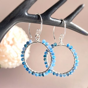 Kyanite Hoop Earrings in Sterling Silver | Blue Gemstone Hoop Earrings | Boho Style Gemstone Earrings | Kyanite Dangle Hoops | Beaded Hoops