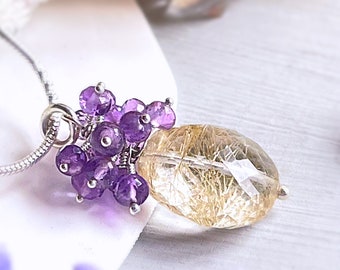 Golden Rutilated Quartz & Amethyst Necklace in Sterling Silver | February Birthstone | Valentines Gift for Her | February Birthday