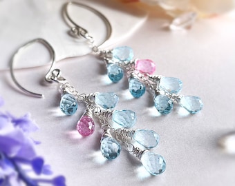 Sky Blue Topaz & Pink Topaz Cluster Earrings | Sterling Silver Topaz Drop Earrings | November Birthstone | Blue Gemstone Long Drop Earrings