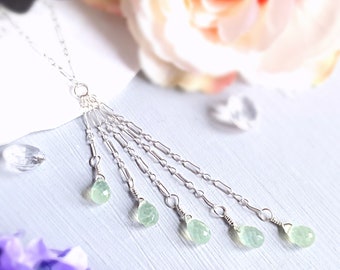 Prehnite Waterfall Necklace in Sterling Silver | Long Drop Gemstone Pendant | Green Gemstone Tassel Necklace | Boho Inspired Jewellery