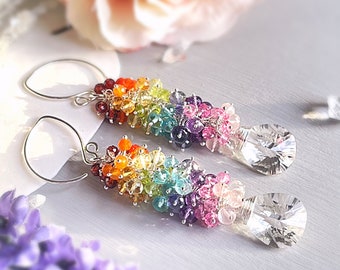 Statement Rainbow Gemstone Cluster Earrings in Sterling Silver | Crystal Quartz & rainbow Gemstone Long Drop Earrings | Luxury Statement