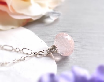Rose Quartz Necklace in Sterling Silver | Gemstone Layering Necklace | Solitaire Pendant | Minimalist Gemstone Pendant | Rose Quartz Pendant