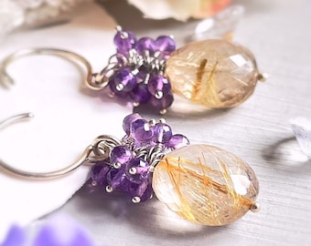 Golden Rutilated Quartz & Amethyst Earrings in Sterling Silver | February Birthstone | Valentines Gift for Her | February Birthday