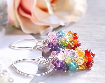Rainbow Gemstone Cluster Earrings in Sterling Silver | Chakra Gemstone Earrings | Rainbow Dangle Earrings | Rainbow Gemstone Drop Earrings