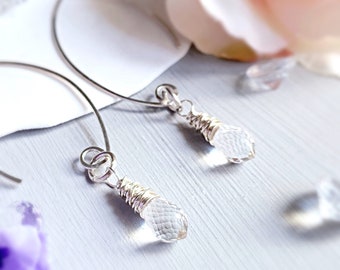 Minimalist Crystal Quartz Earrings in Sterling Silver | Clear Crystal Dangle Earrings | Rock Crystal Drop Earrings | April Birthstone