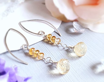 Boucles d’oreilles Citrine Dangle en argent sterling | Boucles d’oreilles minimalistes gemstone | Boucles d’oreilles Citrine Short Drop | Novembre Birthstone