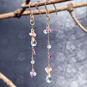 Asymmetrical Gemstone Earrings in Gold Fill | Aquamarine Amethyst & Pink Spinel Earrings | February Birthstone | Valentines Gift for Her