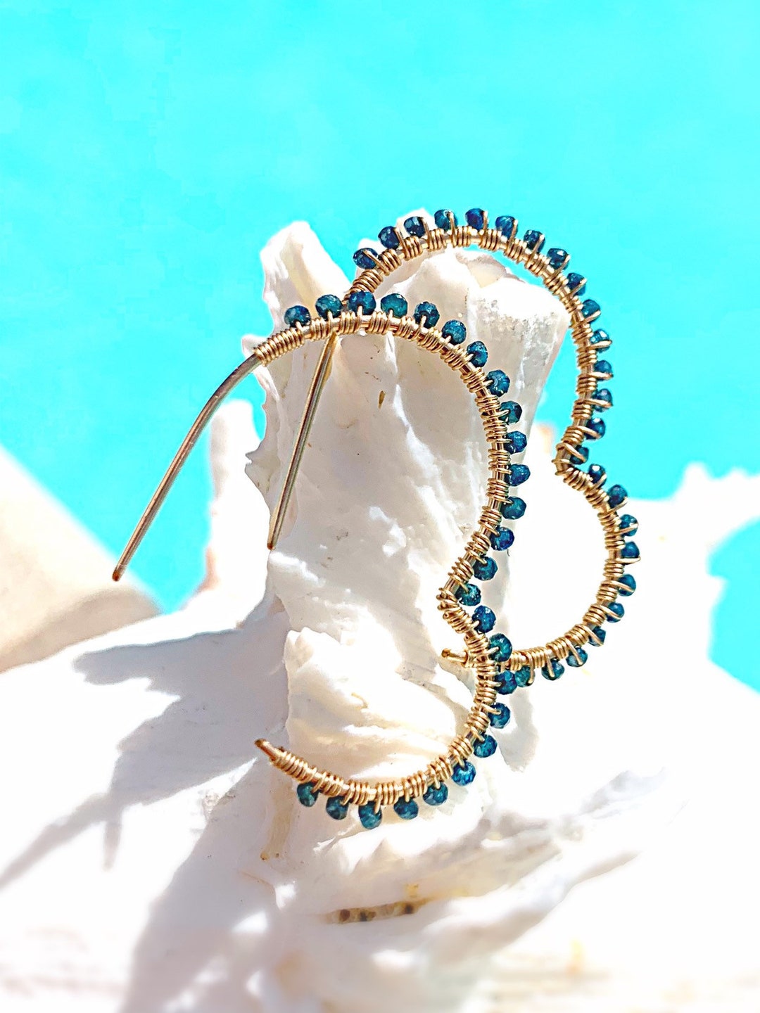 Blue Diamond Heart Earrings, Genuine Blue Diamonds, Heart Hoop Earrings