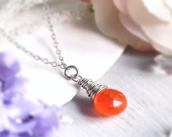 Carnelian Necklace, Gemstone Pendant in Sterling Silver, Burnt Orange Gemstone, Romantic Gift for Her, Girlfriend Gift