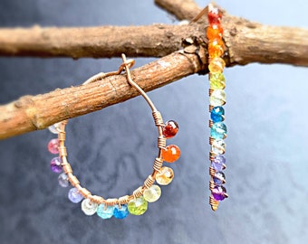 Rainbow Gemstone Asymmetrical Earrings, Hoop Earrings, Chakra Gemstone Earrings, Crystal Healing Gemstones, Gift for Her