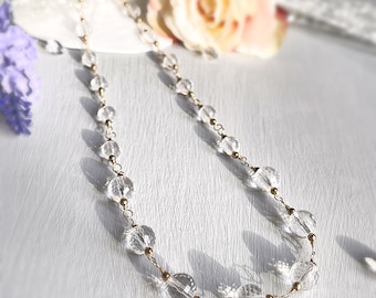 Crystal Quartz Necklace in Gold Fill | Crystal Quartz Rosary Linked Necklace | Rock Crystal Necklace | April Birthstone Jewellery |