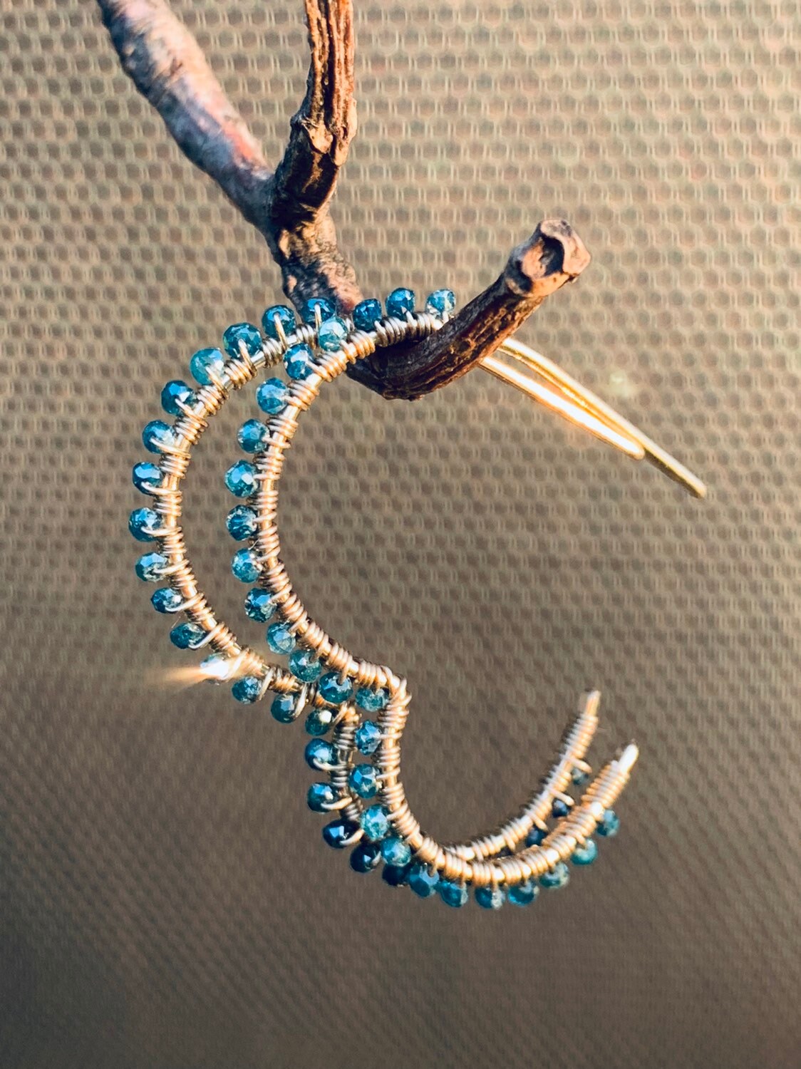 Blue Diamond Heart Earrings, Genuine Blue Diamonds, Heart Hoop Earrings