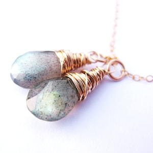 Labradorit Lariat Halskette, Gold Fill Edelstein Halskette, Atemberaubender blauer und grüner Blitz, Edelstein Schmuck, Unikat Halskette