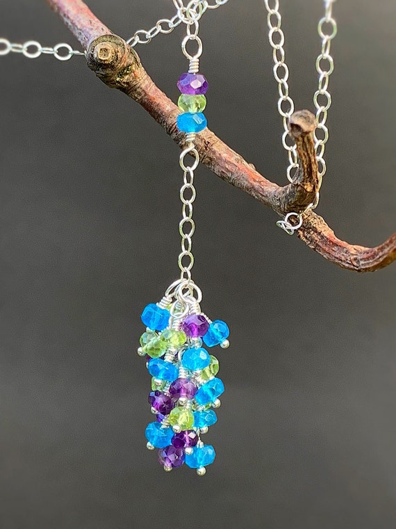 Gemstone Cluster Necklace Amethyst Necklace Peridot Necklace Gemstone Briolette Necklace Sterling Silver