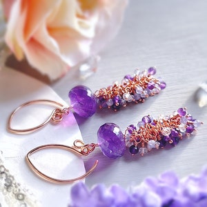 Amethyst Cluster Earrings in Rose Gold | Amethyst, Tanzanite & White Topaz Drop Earrings | Valentines Gift for her | February Birthstone