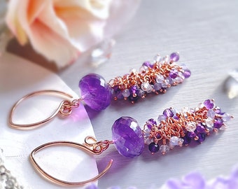 Amethyst Cluster Earrings in Rose Gold | Amethyst, Tanzanite & White Topaz Drop Earrings | Valentines Gift for her | February Birthstone