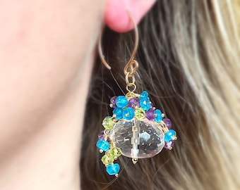 Multi Gemstone Cluster Earrings in Gold | Crystal Quartz, Amethyst, Peridot & Neon Apatite Drop Earrings | Crystal Jewelry | Gift for Her