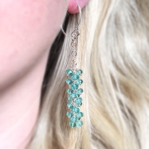 Aqua Apatite Cluster Earrings, Apatite Long Drop Earrings, Blue Sterling Silver Statement Earrings, Mother’s Day Gift