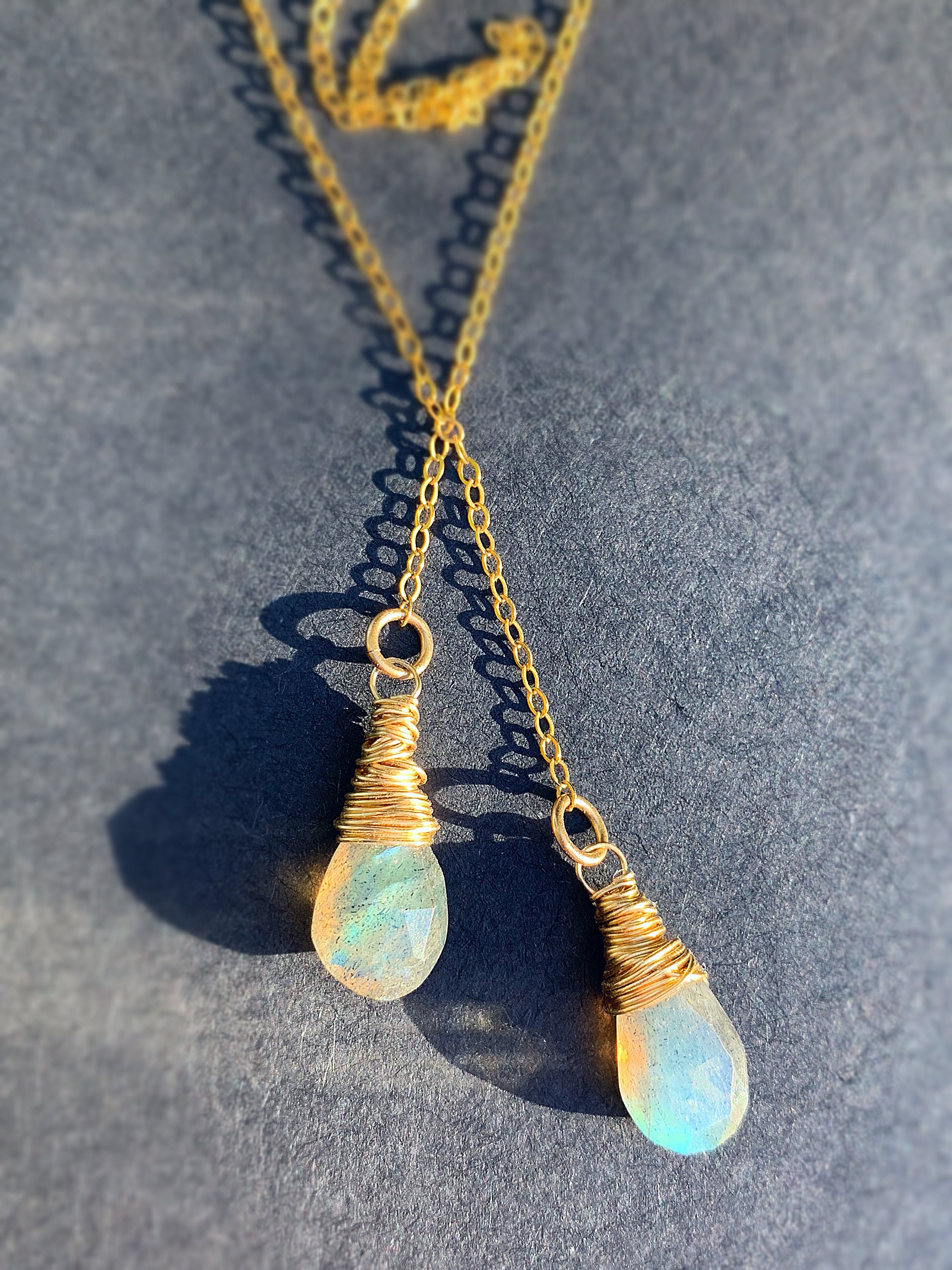 Labradorite Lariat Necklace, Gold Fill Gemstone Necklace, Stunning Blue ...