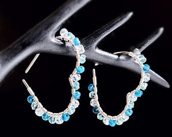Blue Gemstone Heart Hoop Earrings in Sterling Silver | Neon Apatite, Aqua Apatite & Aquamarine Hoop Earrings | Sterling Silver Hoop Earrings