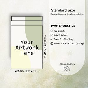 May include: A stack of custom playing cards with the text "Your Artwork Here." The cards are 2.6 inches wide and 3.6 inches tall. The design includes a light green and white color scheme. The text "Standard Size" is also visible.