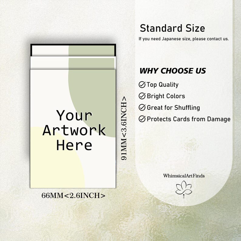May include: A stack of custom playing cards with the text "Your Artwork Here." The cards are 2.6 inches wide and 3.6 inches tall. The design includes a light green and white color scheme. The text "Standard Size" is also visible.